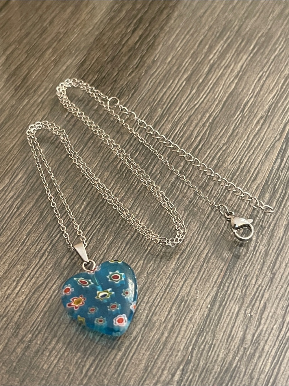 Vintage Blue Millefiori Glass Heart Necklace, Silver-tone Chain